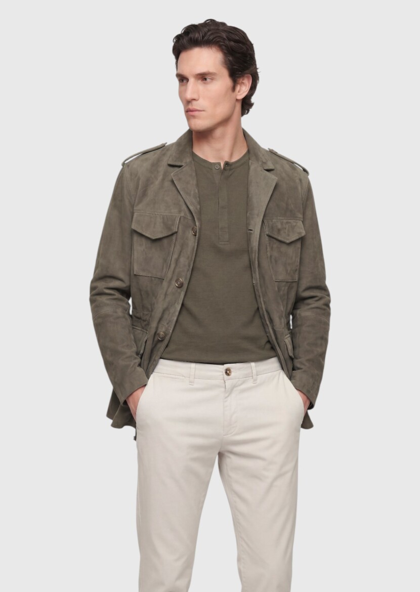 Light Green Plain Regular Fit Leather Jacket - RAMSEY