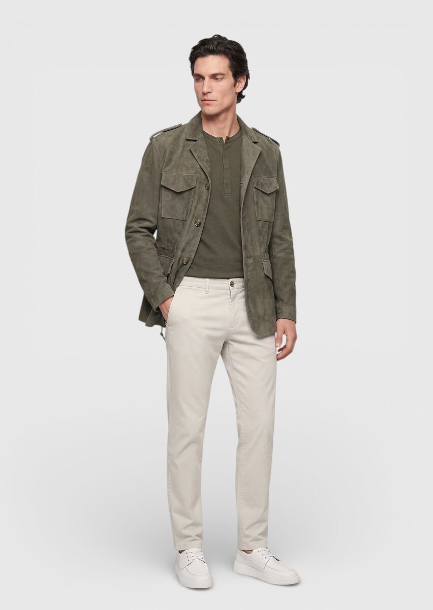 Light Green Plain Regular Fit Leather Jacket - 3