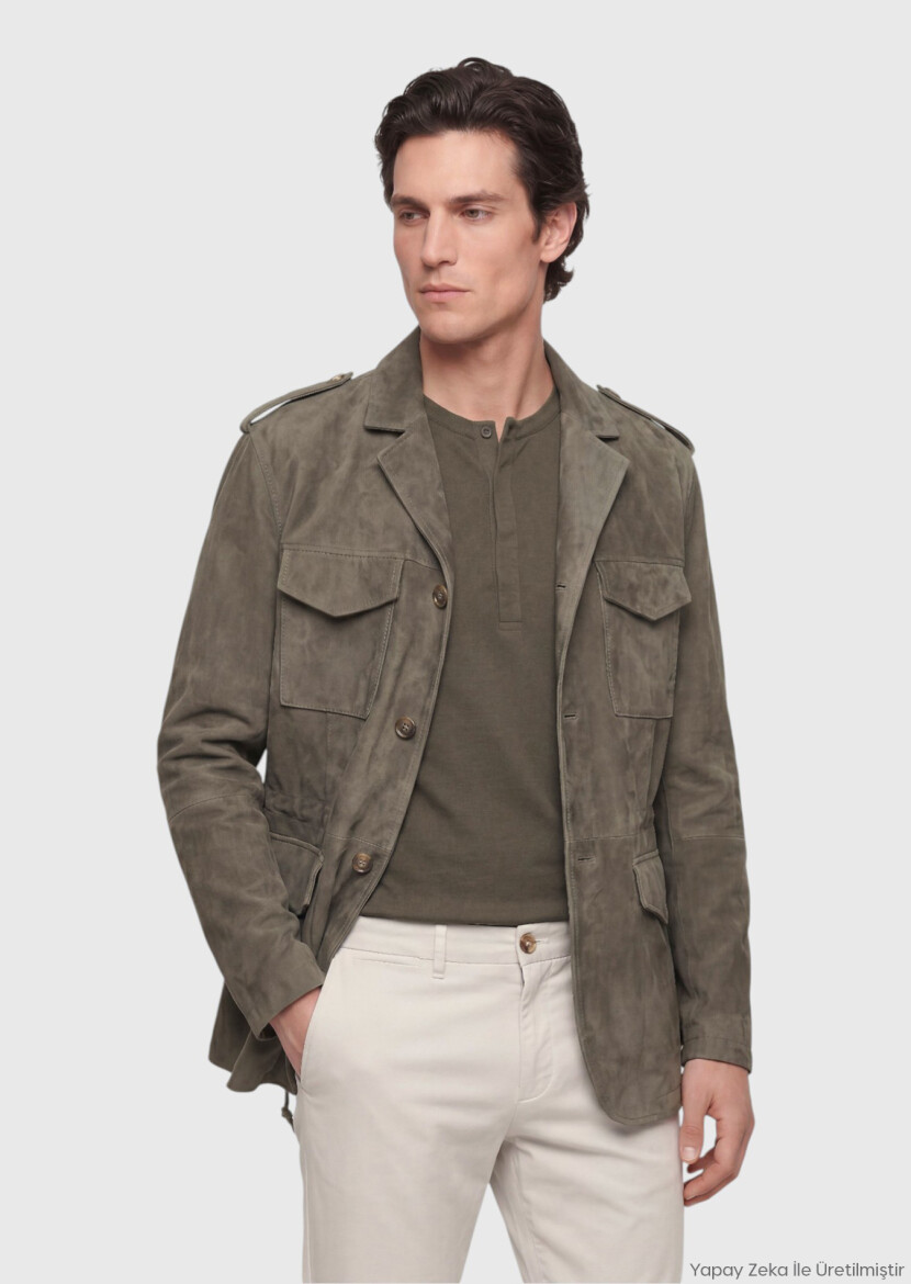 Light Green Plain Regular Fit Leather Jacket - RAMSEY