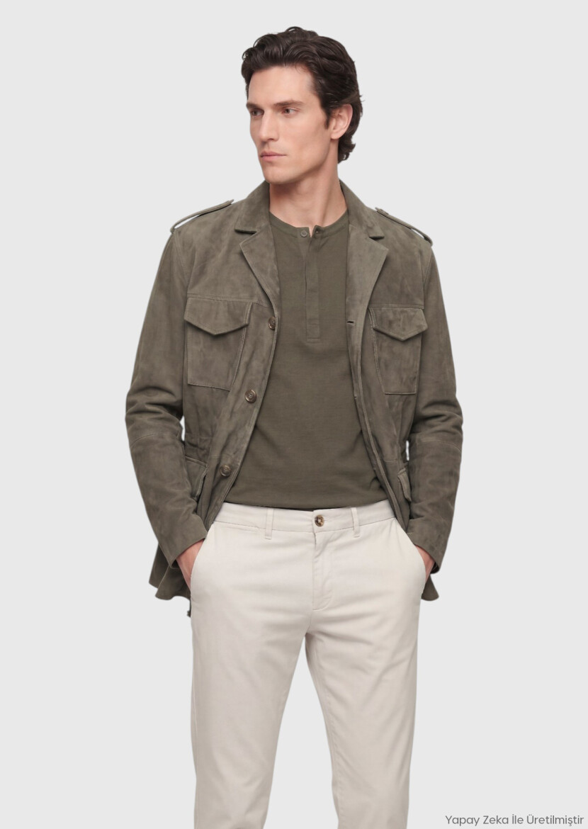 Light Green Plain Regular Fit Leather Jacket - RAMSEY