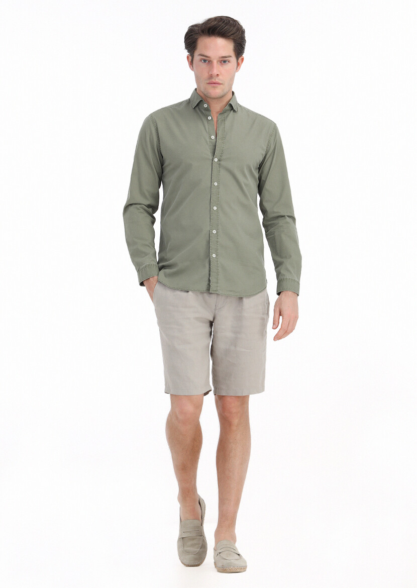 Light Green Plain Regular Fit Long Weaving Casual 100% Cotton Shirt - 1