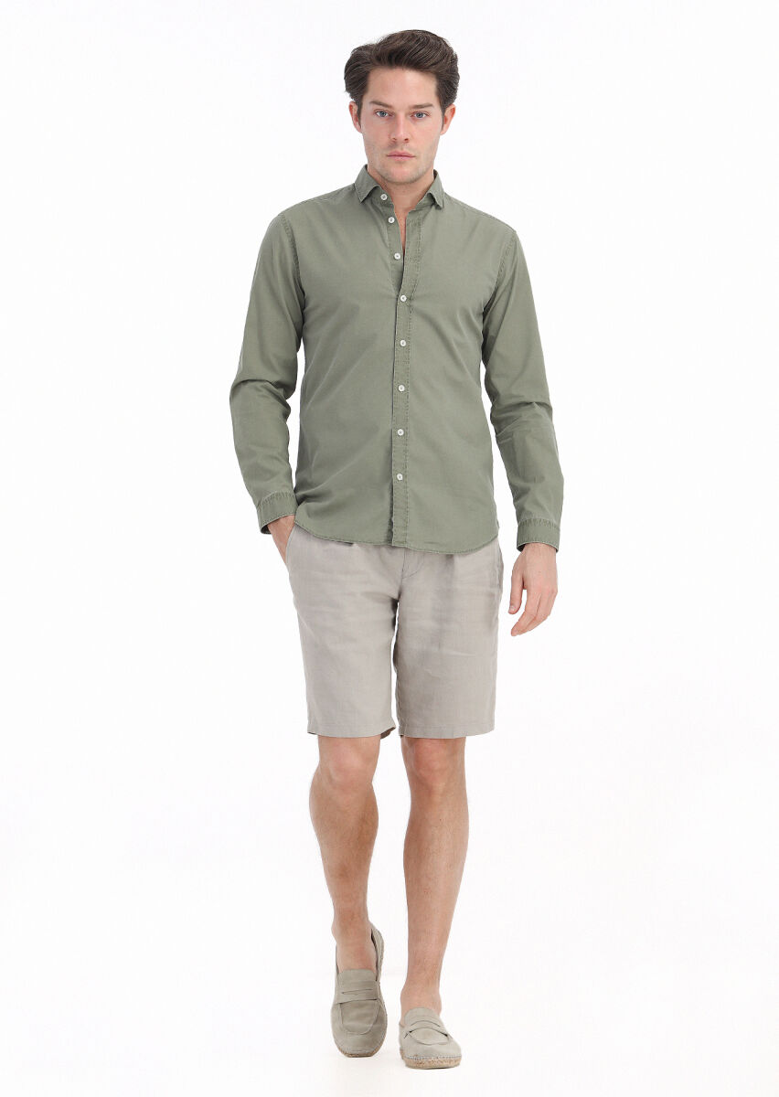 Light Green Plain Regular Fit Long Weaving Casual 100% Cotton Shirt - 1