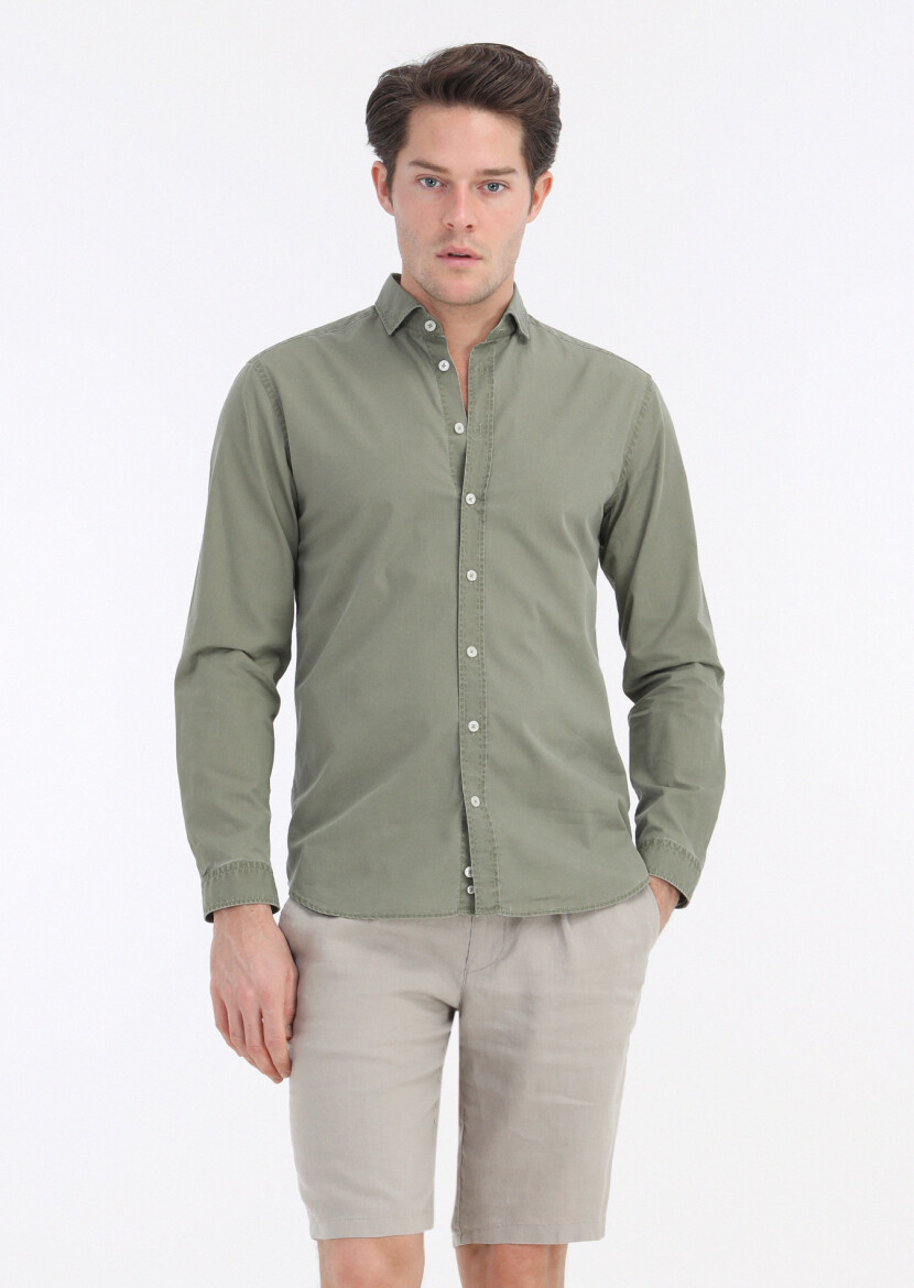 Light Green Plain Regular Fit Long Weaving Casual 100% Cotton Shirt 