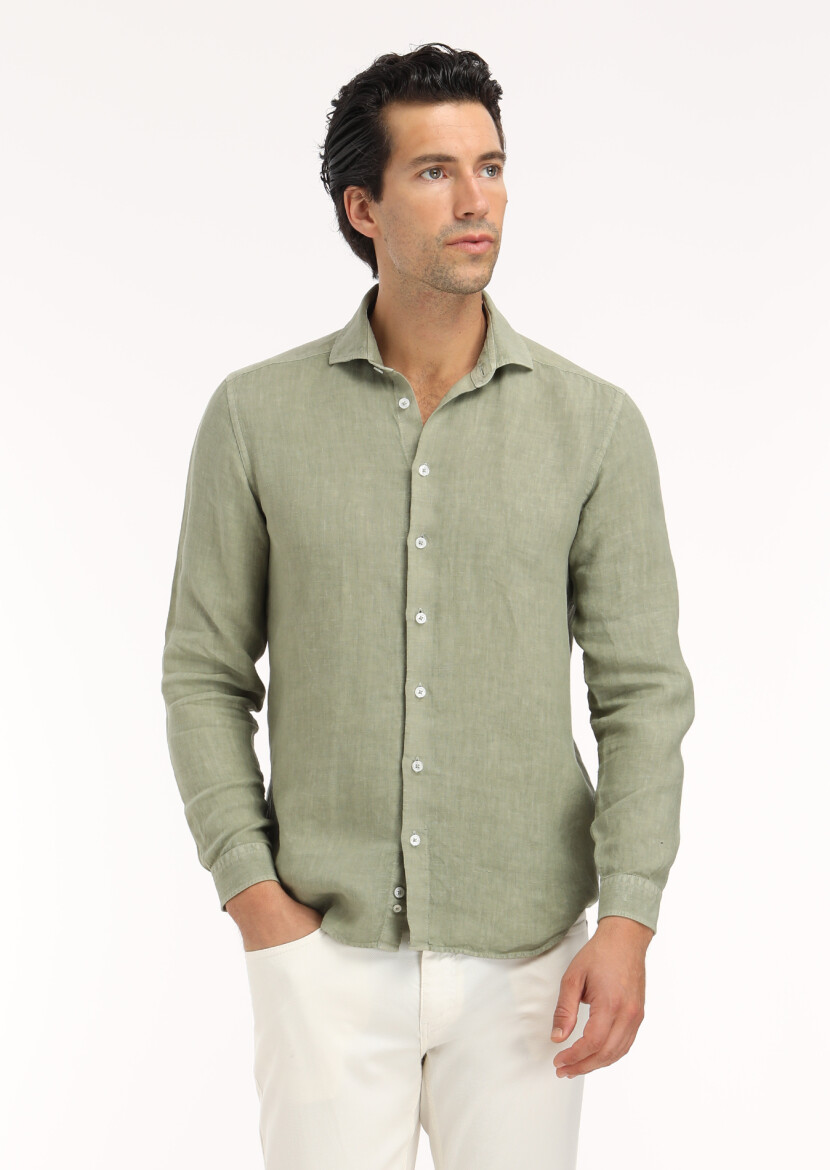 Light Green Plain Regular Fit Long Weaving Casual Cotton Blended Shirt 
