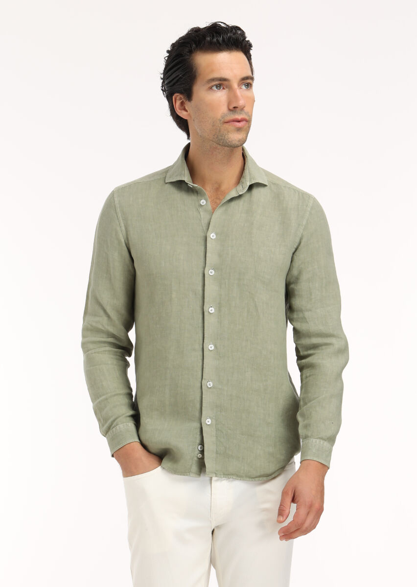 Light Green Plain Regular Fit Long Weaving Casual Cotton Blended Shirt - 2