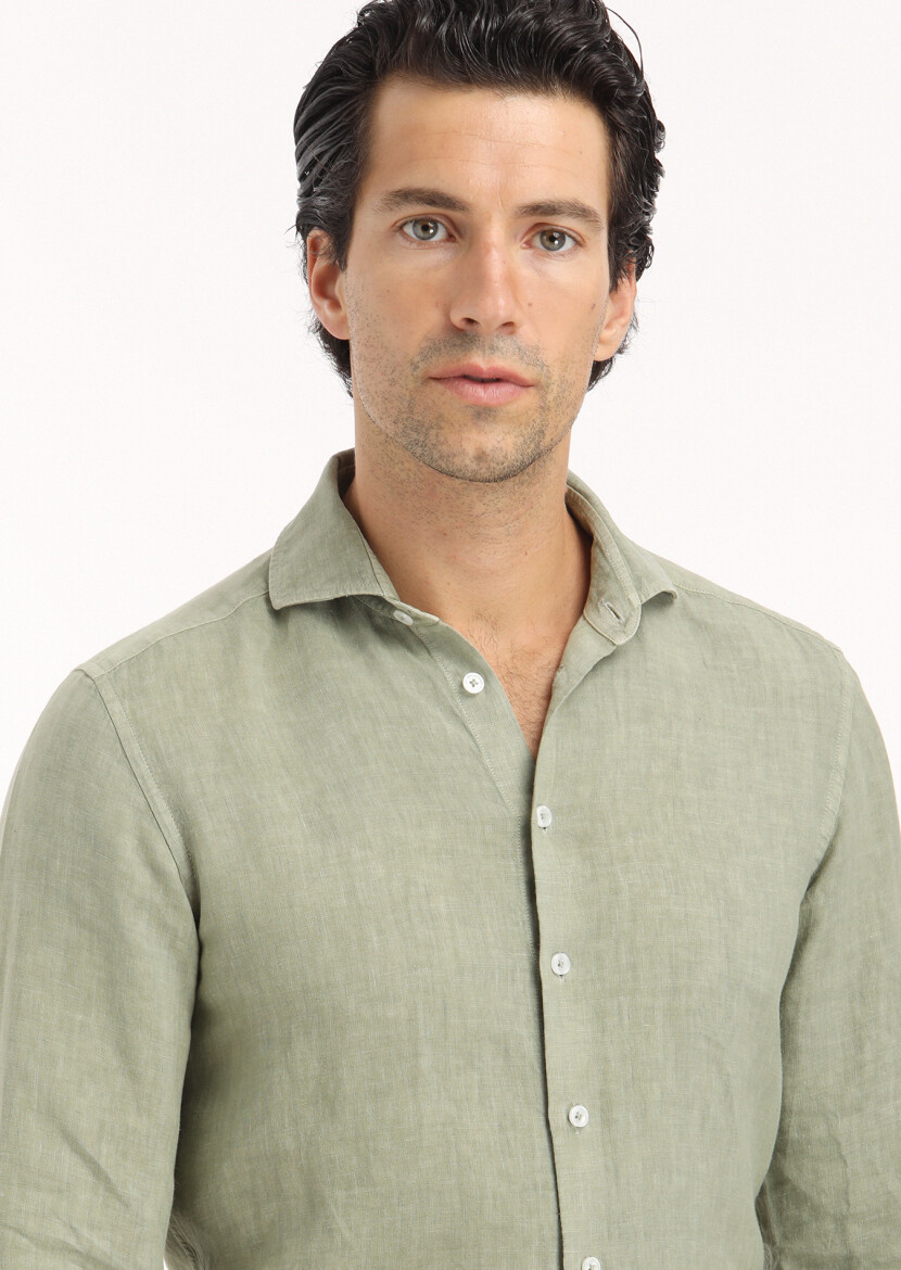 Light Green Plain Regular Fit Long Weaving Casual Cotton Blended Shirt - 3