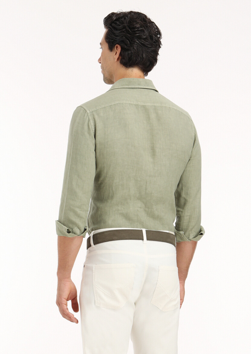 Light Green Plain Regular Fit Long Weaving Casual Cotton Blended Shirt - 4