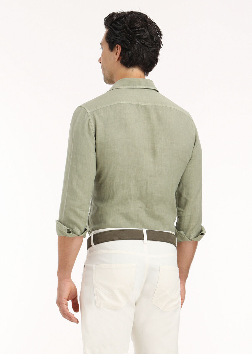 Light Green Plain Regular Fit Long Weaving Casual Cotton Blended Shirt - 4