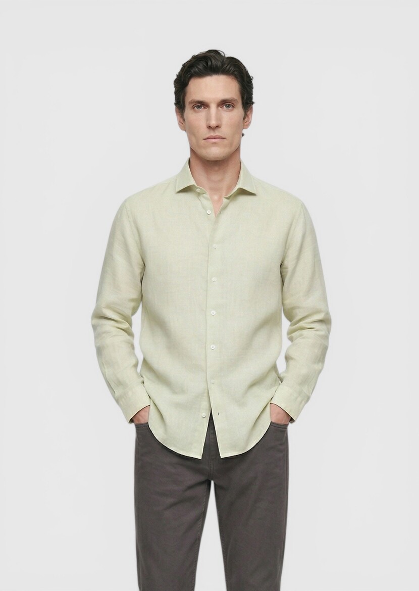Light Green Plain Regular Fit Long Weaving Casual Cotton Blended Shirt - 3