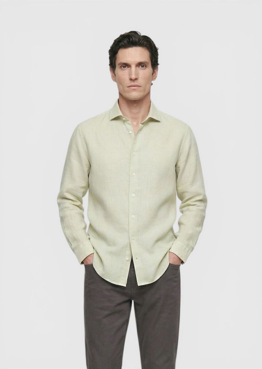 Light Green Plain Regular Fit Long Weaving Casual Cotton Blended Shirt - 3