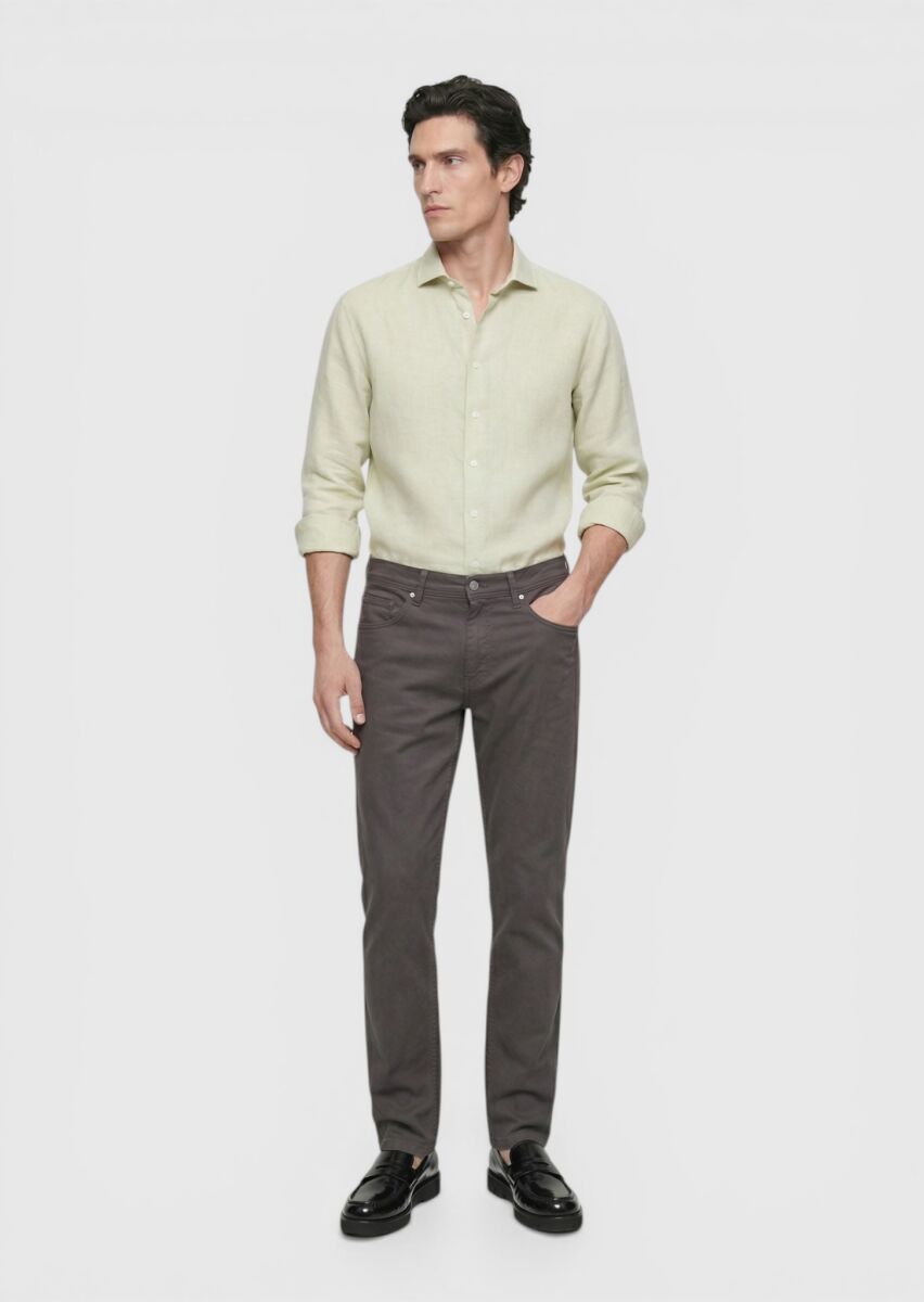 Light Green Plain Regular Fit Long Weaving Casual Cotton Blended Shirt - 4