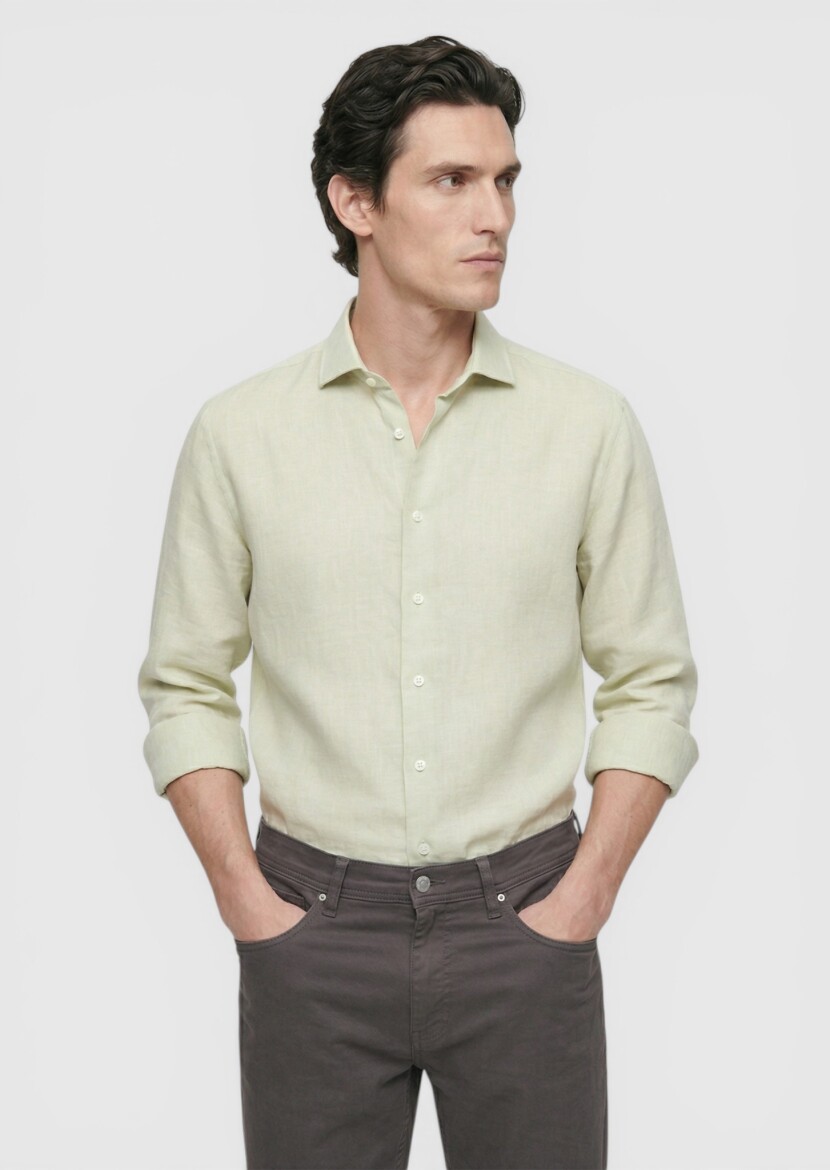 Light Green Plain Regular Fit Long Weaving Casual Cotton Blended Shirt - RAMSEY