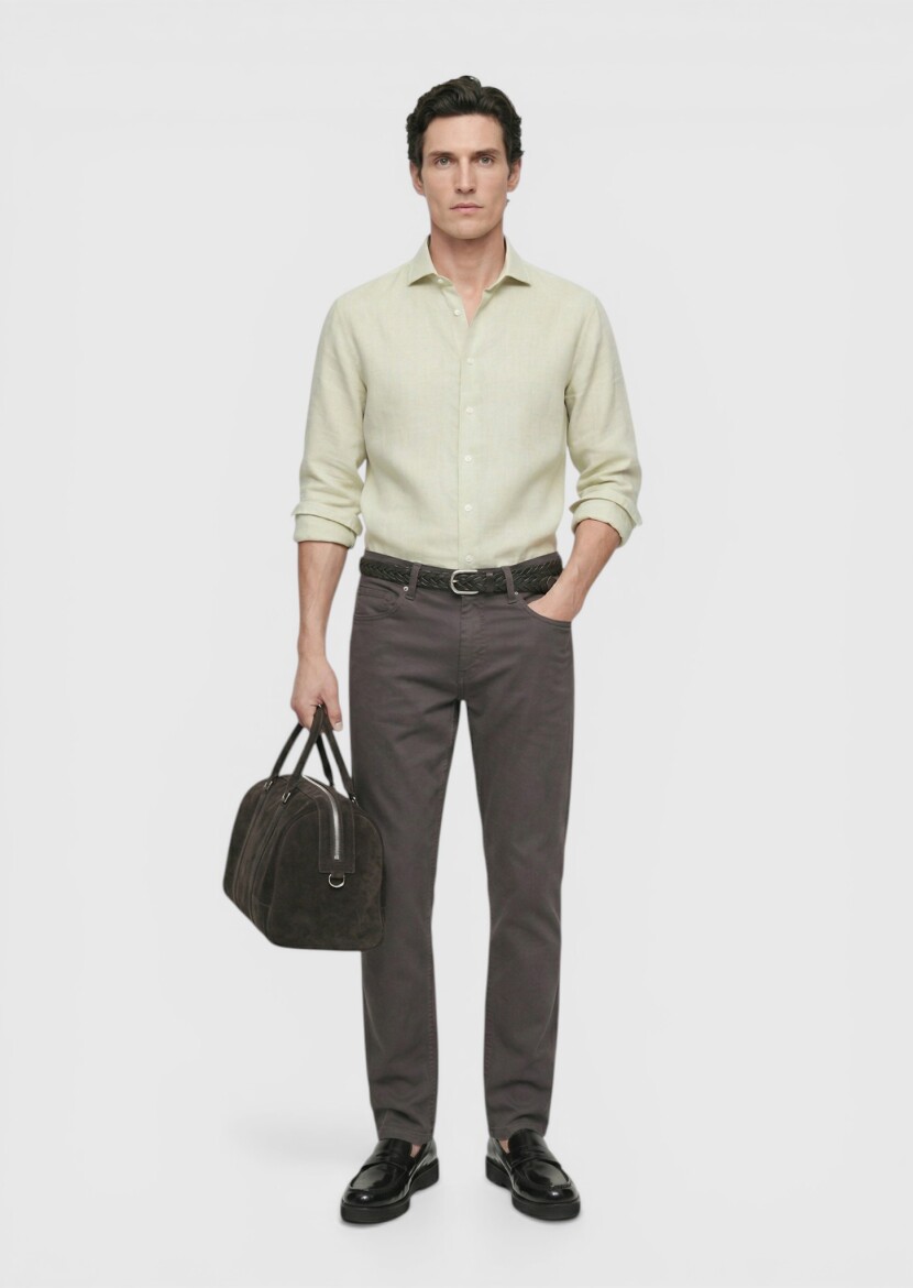 Light Green Plain Regular Fit Long Weaving Casual Cotton Blended Shirt - RAMSEY