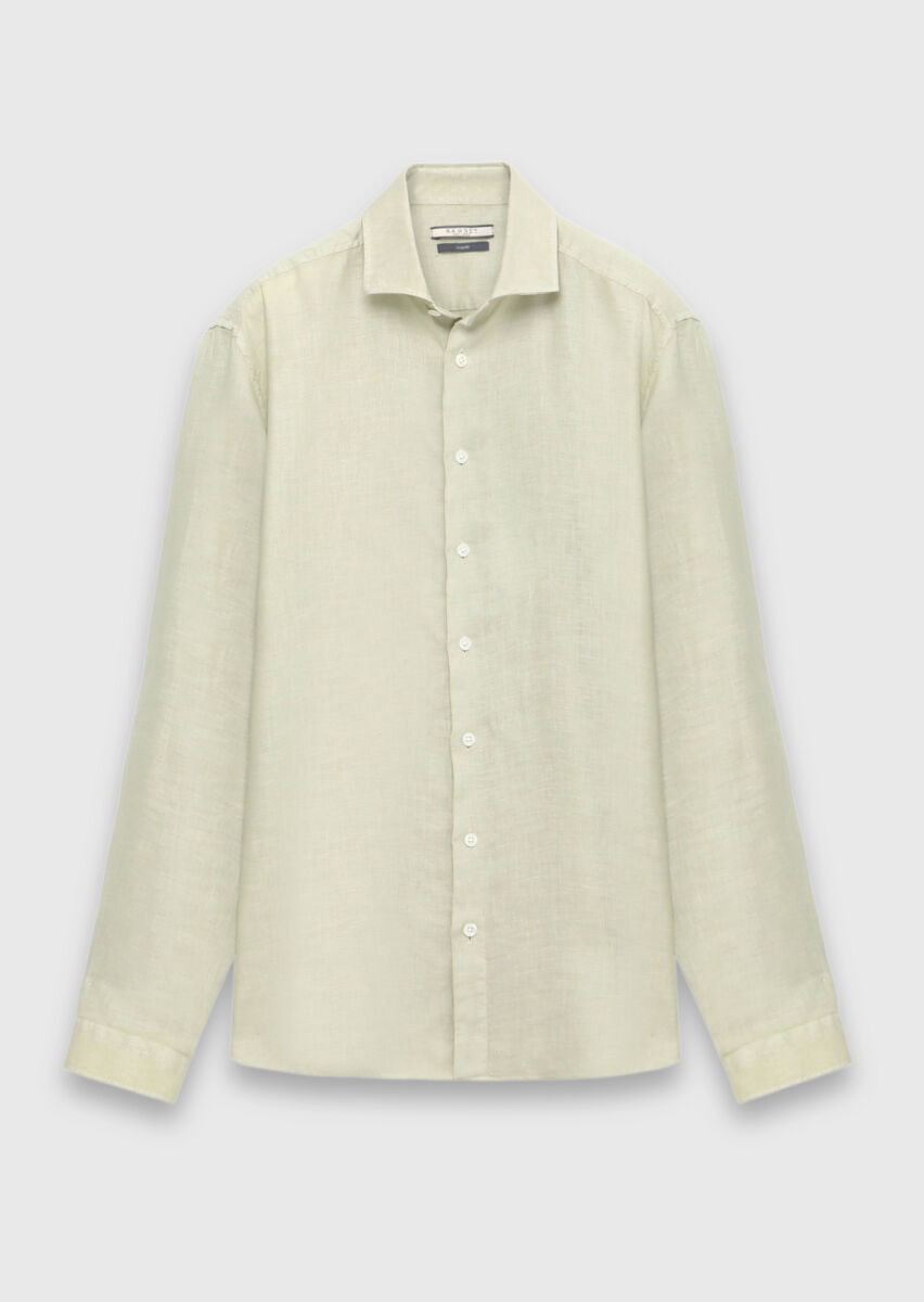 Light Green Plain Regular Fit Long Weaving Casual Cotton Blended Shirt - 6