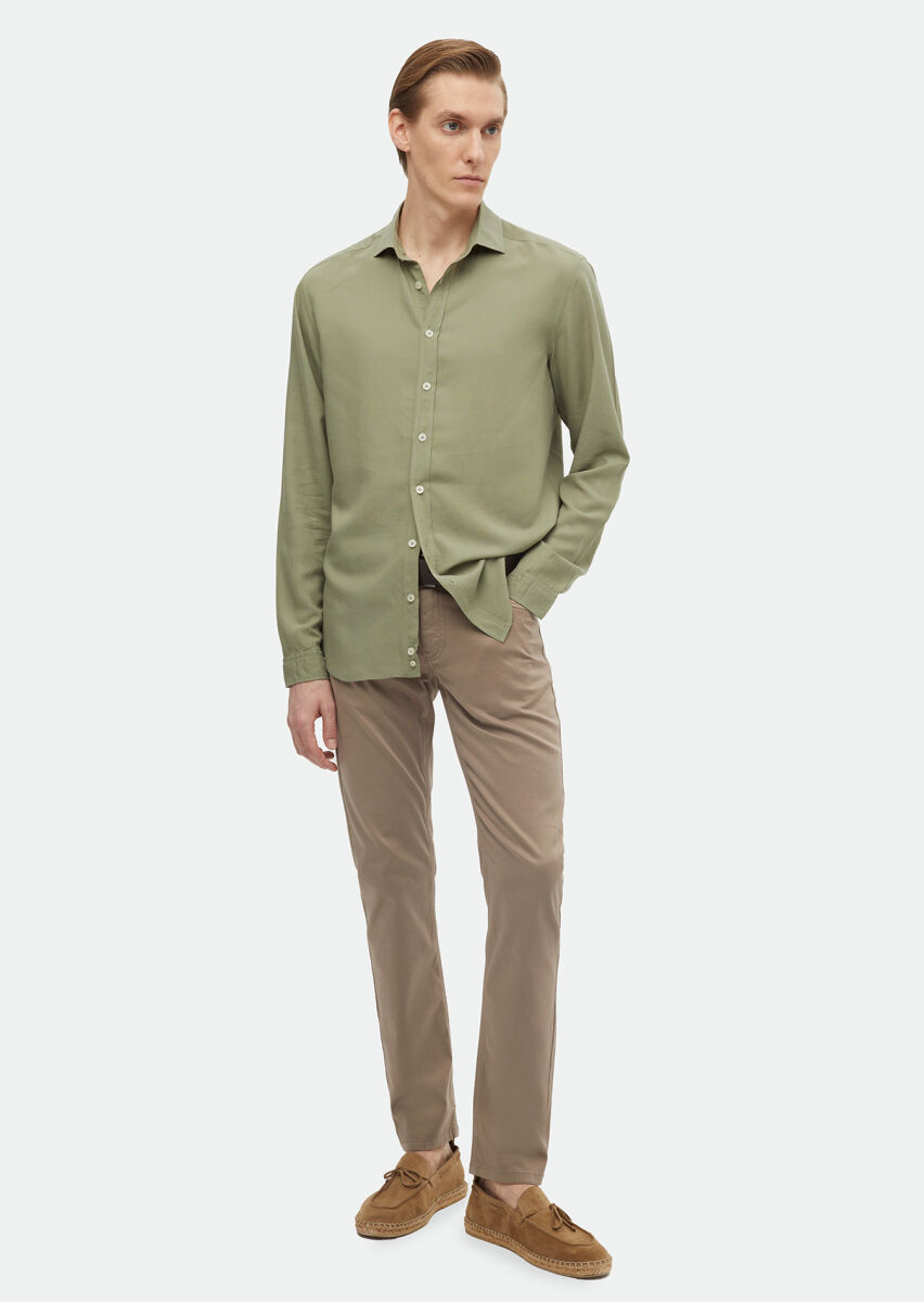 Light Green Plain Regular Fit Long Weaving Casual Linen Blended Shirt - 2