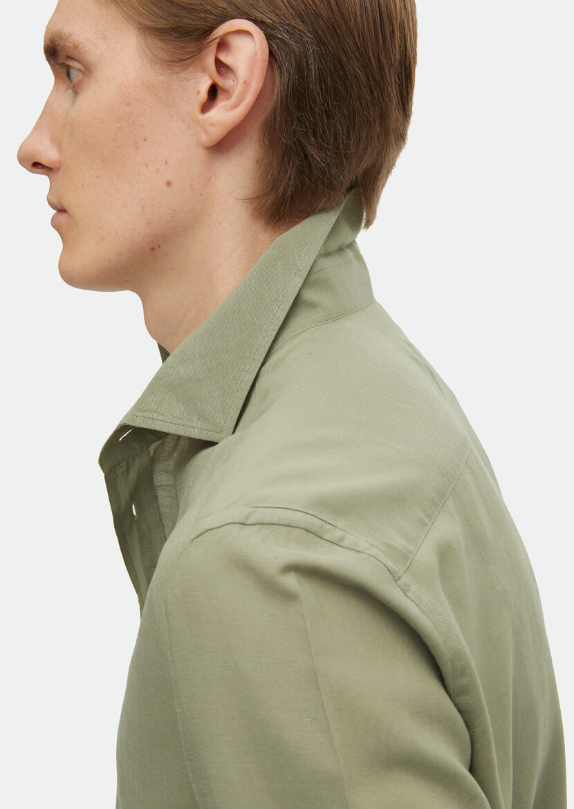 Light Green Plain Regular Fit Long Weaving Casual Linen Blended Shirt - 3