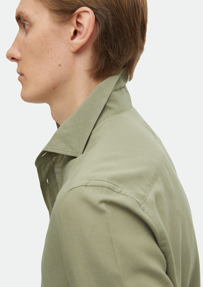 Light Green Plain Regular Fit Long Weaving Casual Linen Blended Shirt - 3