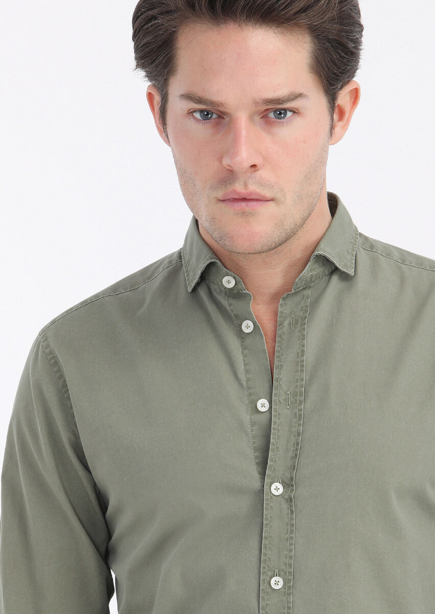 Light Green Plain Regular Fit Weaving Casual 100% Cotton Shirt - 3