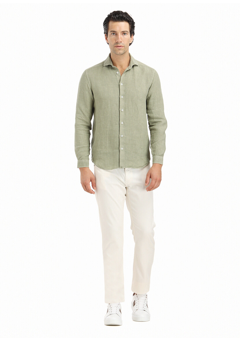 Light Green Plain Regular Fit Weaving Casual Cotton Blended Shirt 