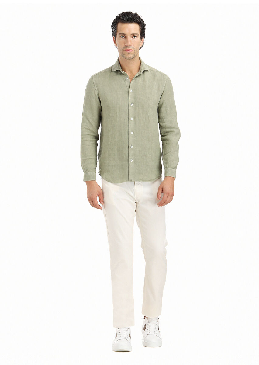 Light Green Plain Regular Fit Weaving Casual Cotton Blended Shirt - 1