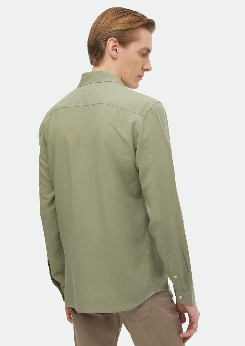 Light Green Plain Regular Fit Weaving Casual Linen Blended Shirt - 4