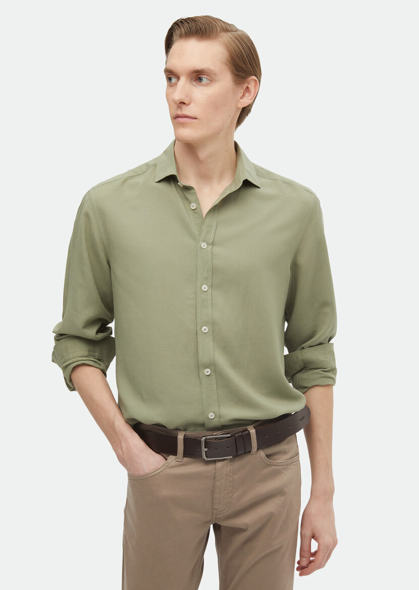 Light Green Plain Regular Fit Weaving Casual Linen Blended Shirt 