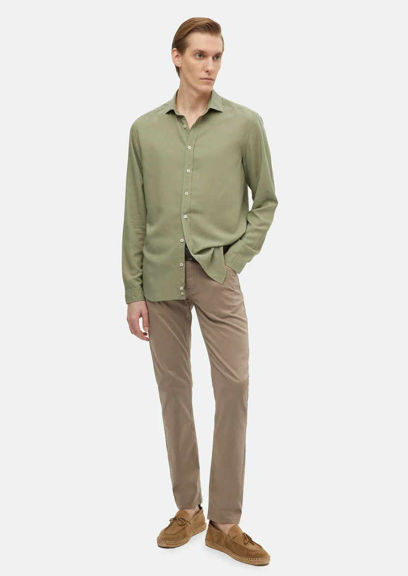 Light Green Plain Regular Fit Weaving Casual Linen Blended Shirt 
