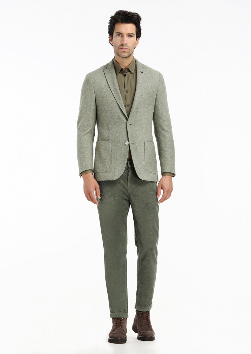 Light Green Plain Shirt Shoulder Slim Fit Wool Blended Jacket - 1