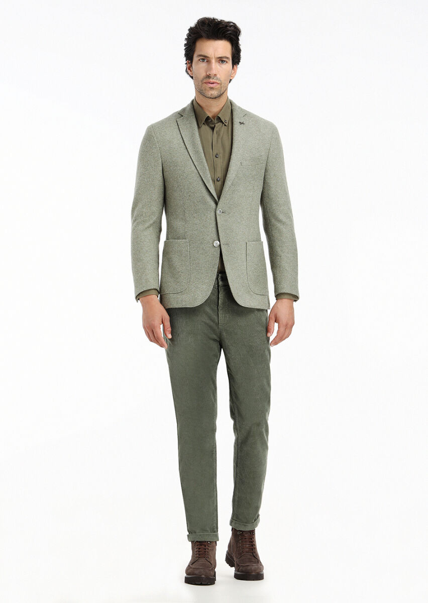 Light Green Plain Shirt Shoulder Slim Fit Wool Blended Jacket - 1