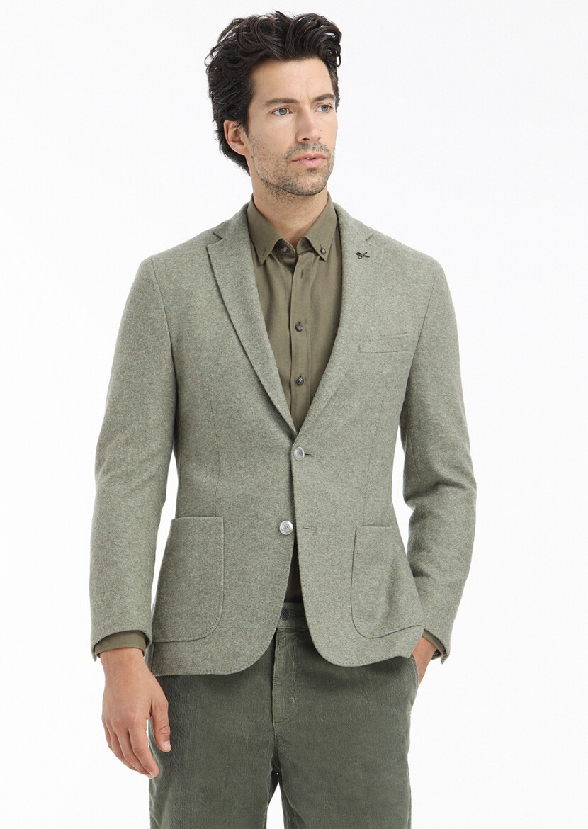 Light Green Plain Shirt Shoulder Slim Fit Wool Blended Jacket - 2