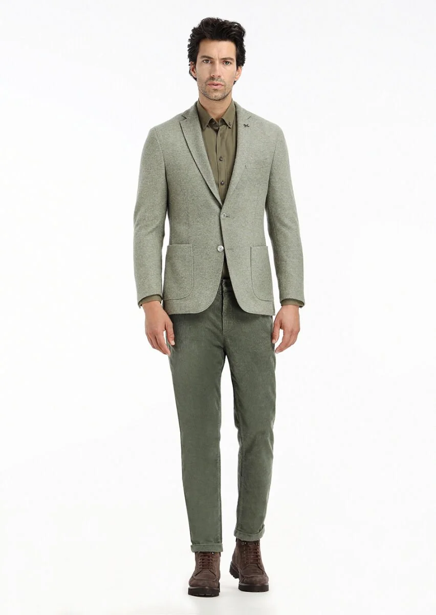 Light Green Plain Shirt Shoulder Slim Fit Wool Blended Jacket - 1