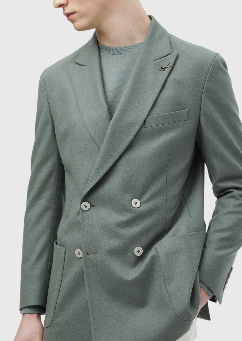 Light Green Plain Shirt Shoulder Slim Fit Wool Blended Jacket - 4