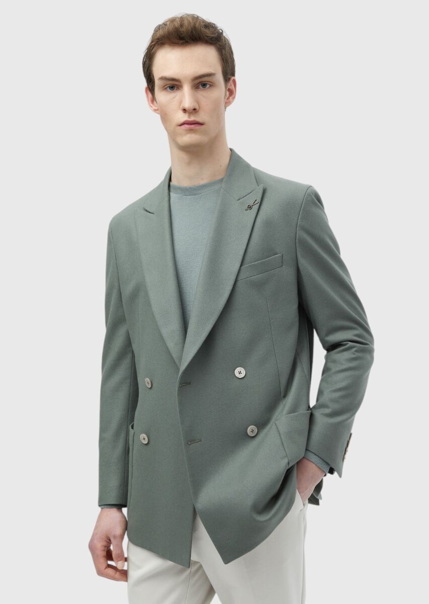 Light Green Plain Wool Blended Jacket - 1