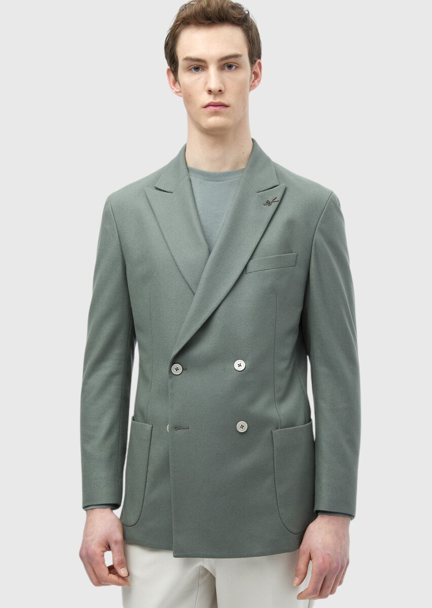 Light Green Plain Wool Blended Jacket - 3