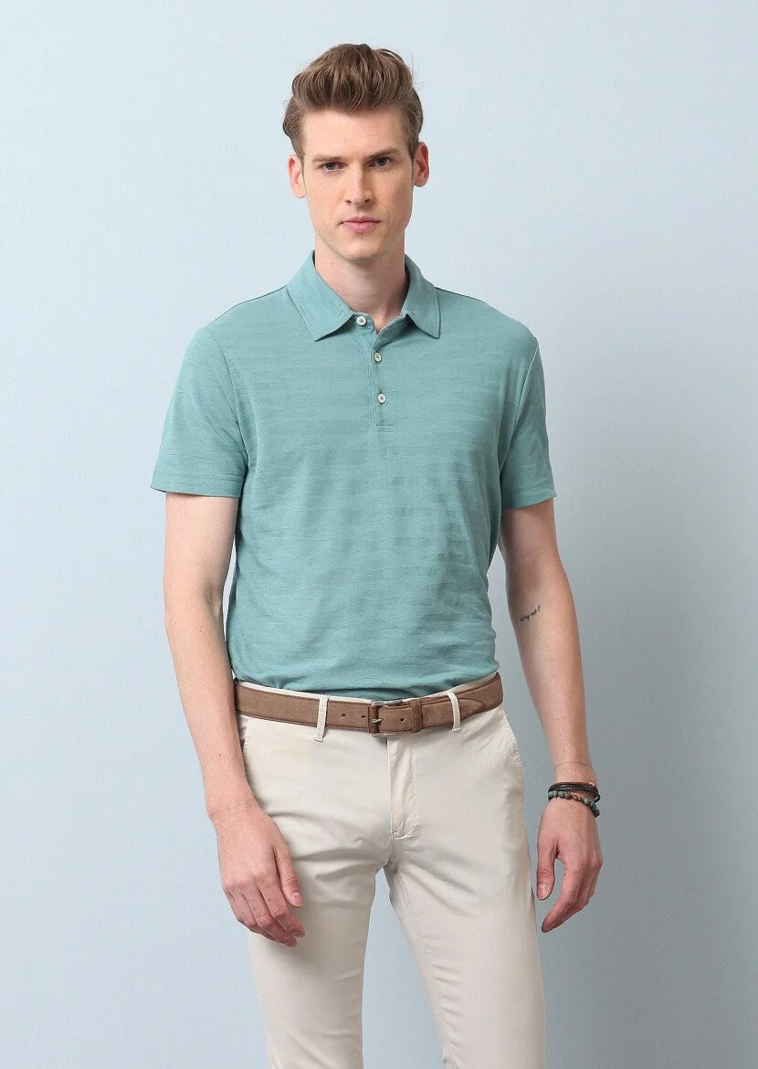 Light Green Polo Neck 100% Cotton T-Shirt - 4
