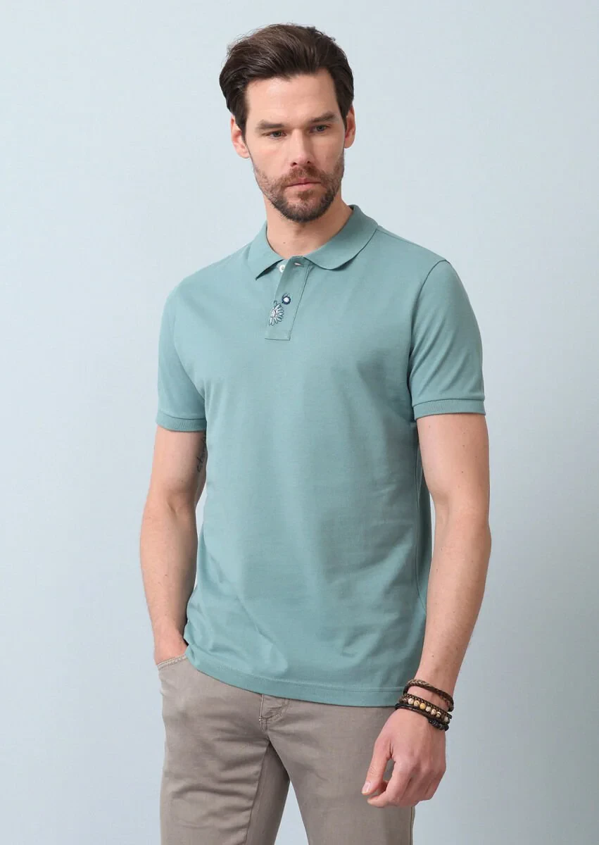 Light Green Polo Neck 100% Cotton T-Shirt - 2