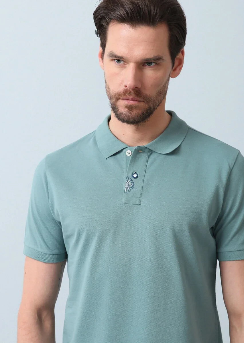 Light Green Polo Neck 100% Cotton T-Shirt - 4