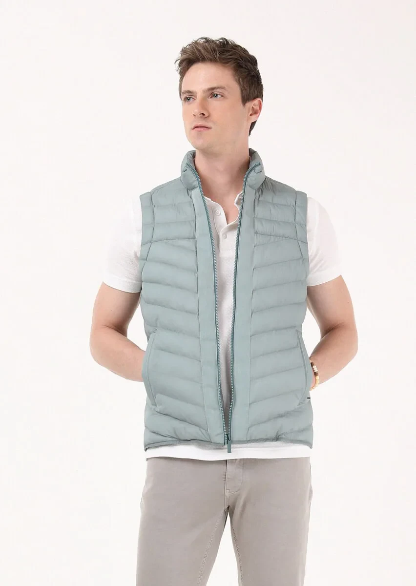 Light Green Puffer Weaving Puffer Vest - 1