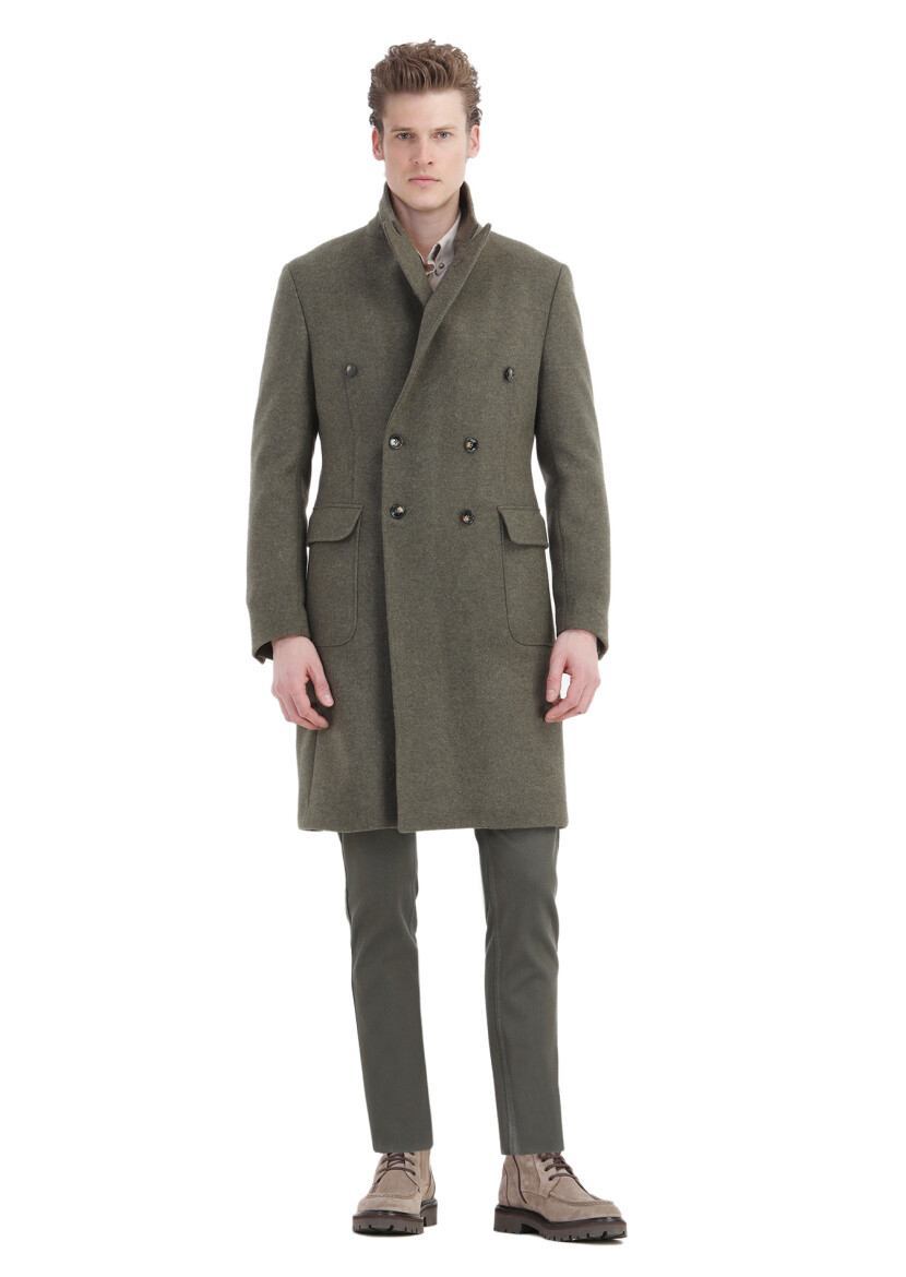 Light Green Regular Fit Double Breasted Collar Casual Weaving Overcoat - 2