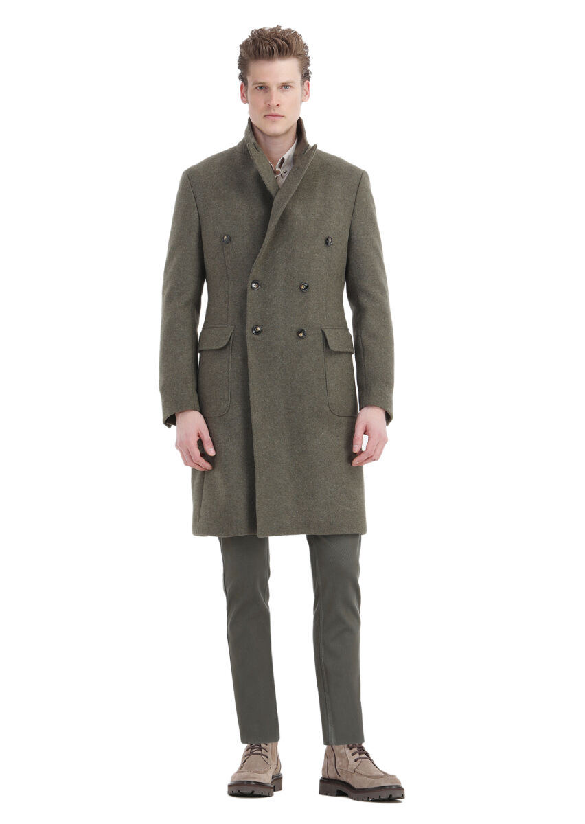 Light Green Regular Fit Double Breasted Collar Casual Weaving Overcoat - 2