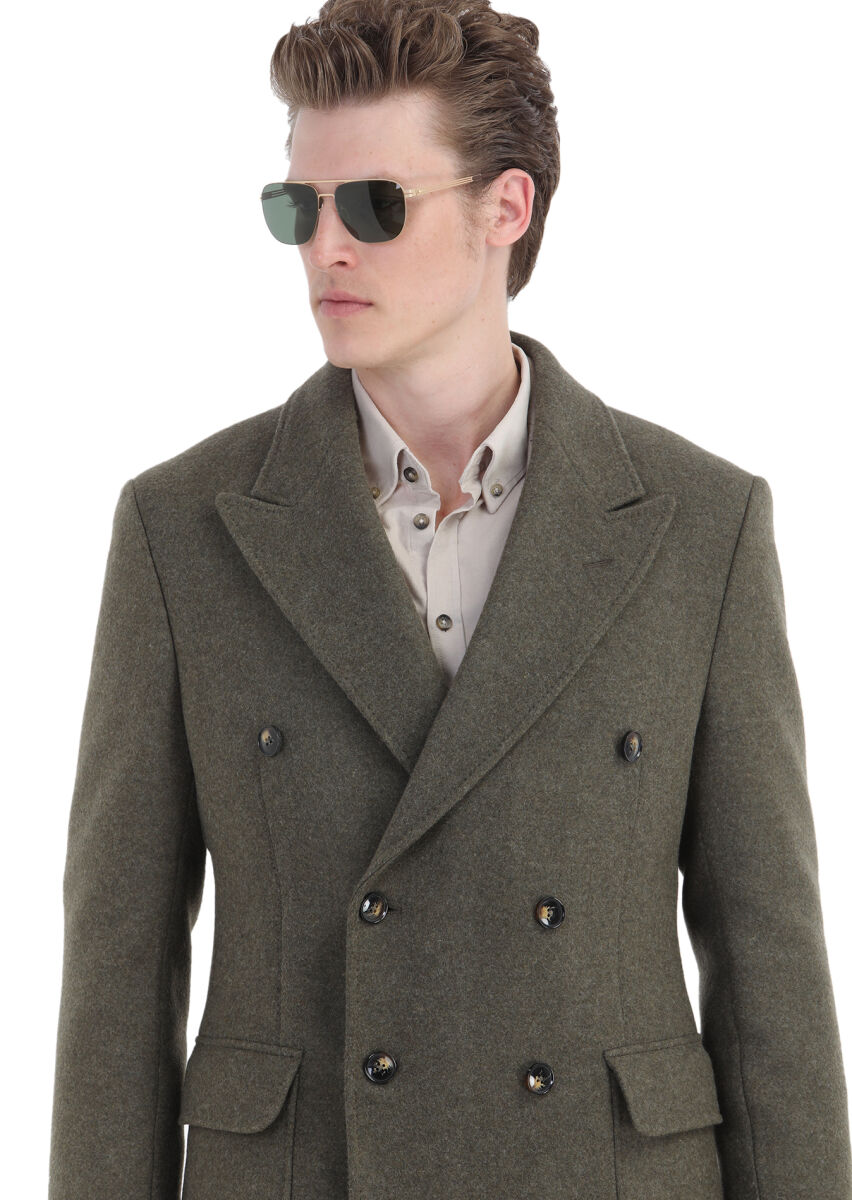 Light Green Regular Fit Double Breasted Collar Casual Weaving Overcoat - 5