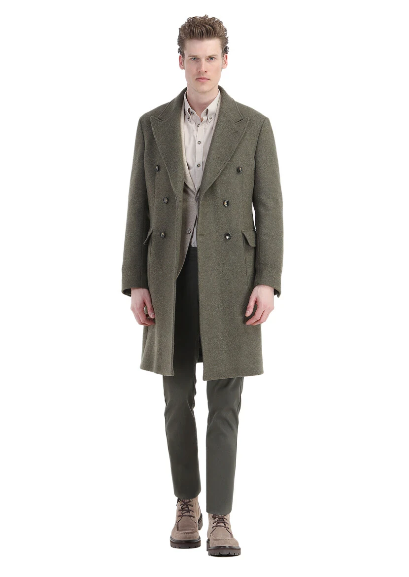 Light Green Regular Fit Double Breasted Collar Casual Weaving Overcoat - 1