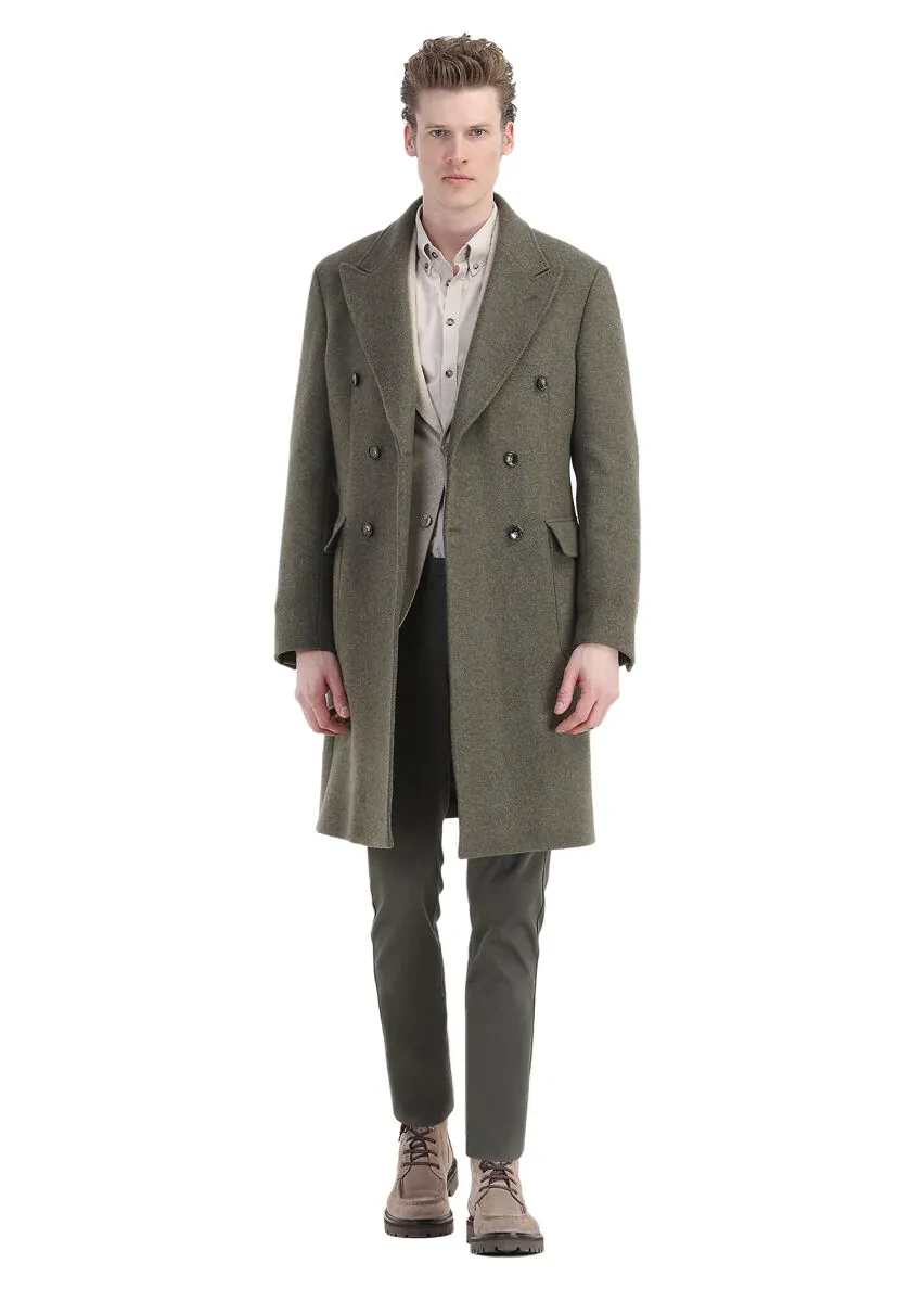 Light Green Regular Fit Double Breasted Collar Casual Weaving Overcoat - 1