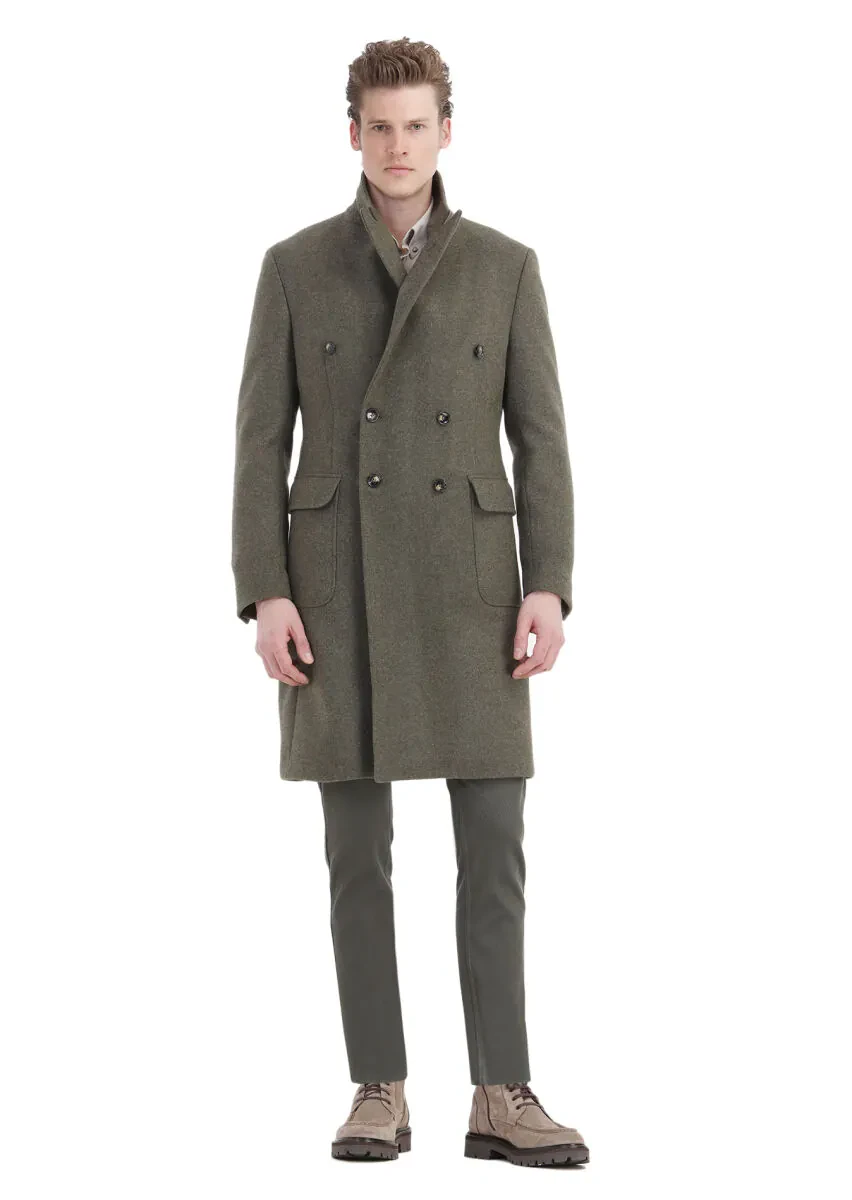 Light Green Regular Fit Double Breasted Collar Casual Weaving Overcoat - 2