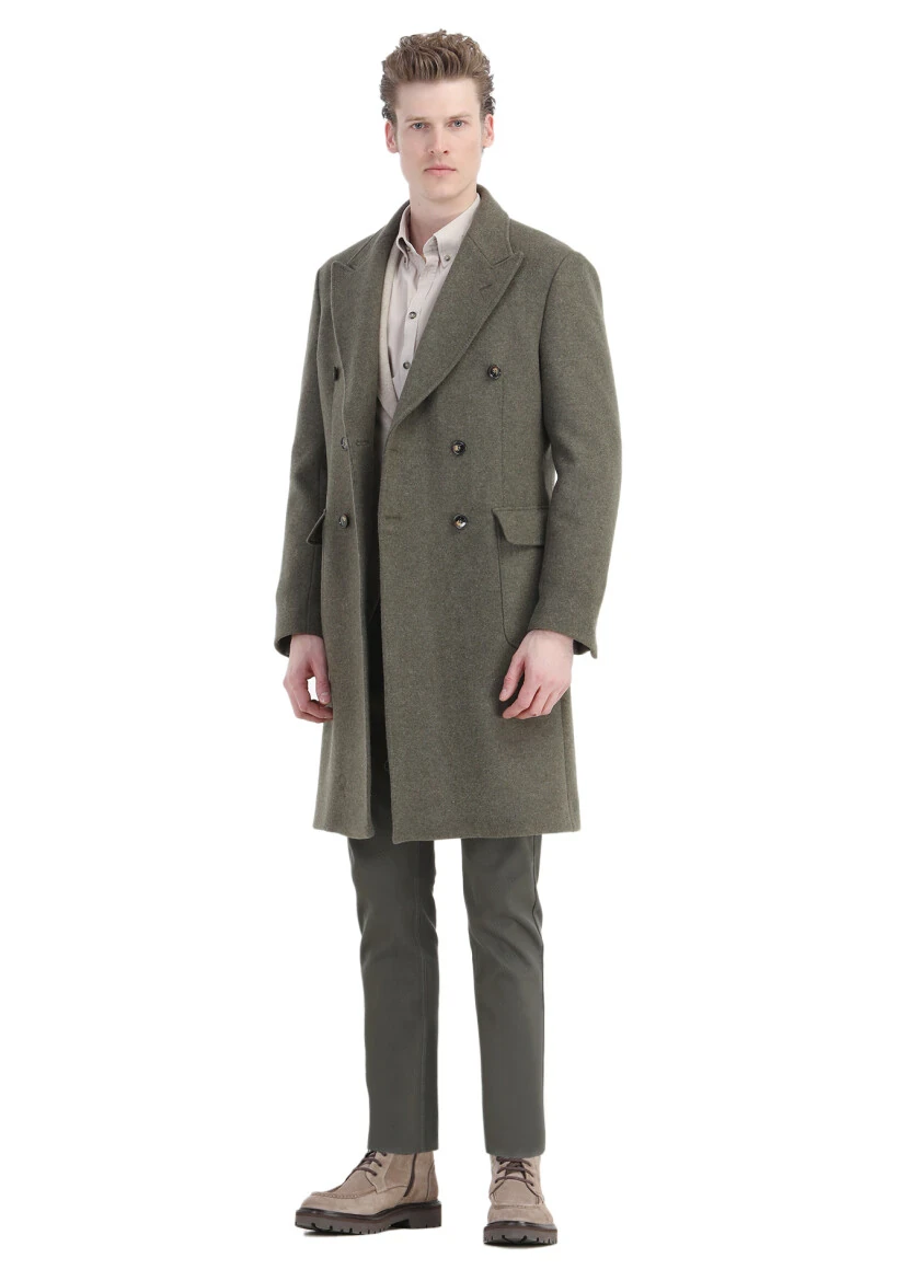 Light Green Regular Fit Double Breasted Collar Casual Weaving Overcoat - 3