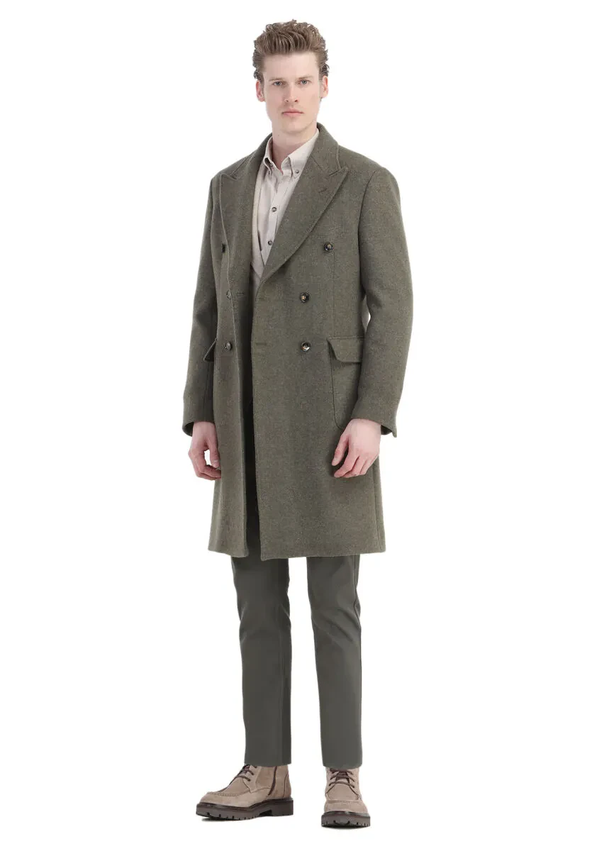 Light Green Regular Fit Double Breasted Collar Casual Weaving Overcoat - 3