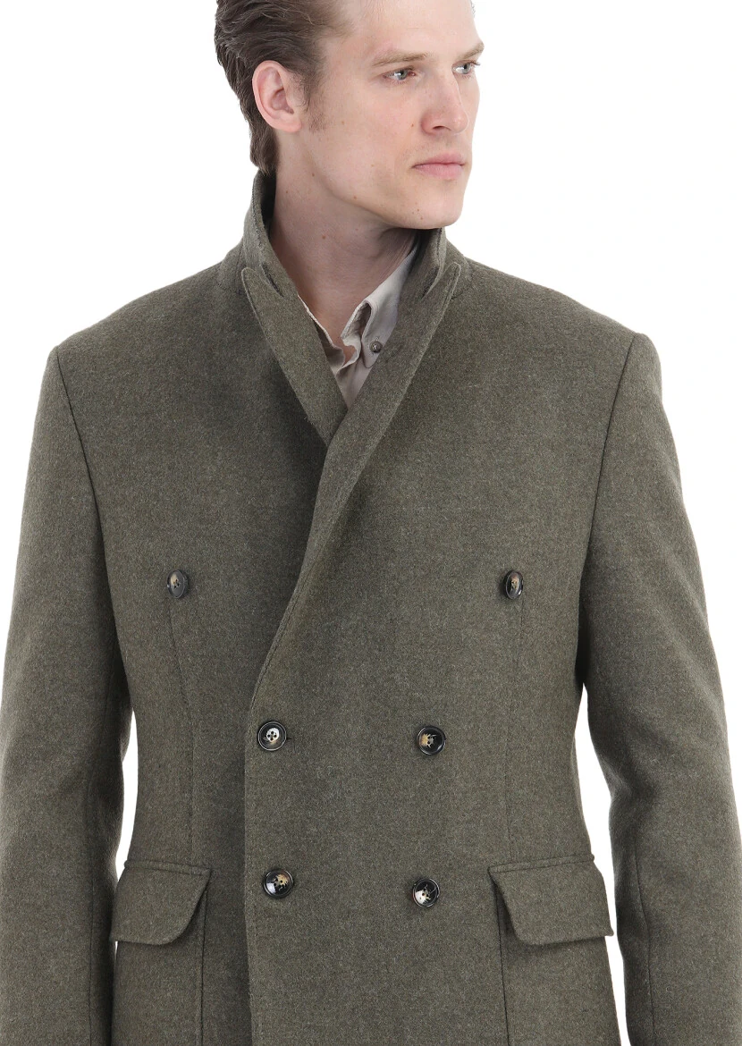 Light Green Regular Fit Double Breasted Collar Casual Weaving Overcoat - 4