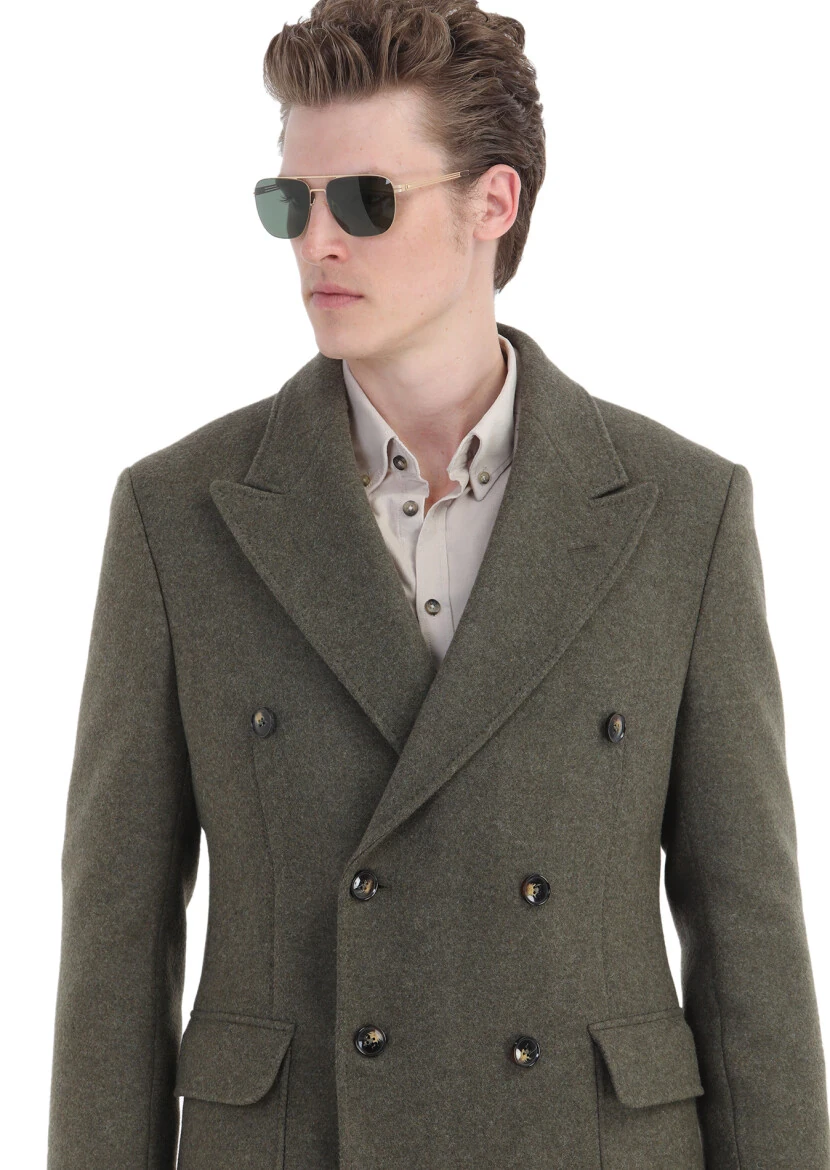 Light Green Regular Fit Double Breasted Collar Casual Weaving Overcoat - 5