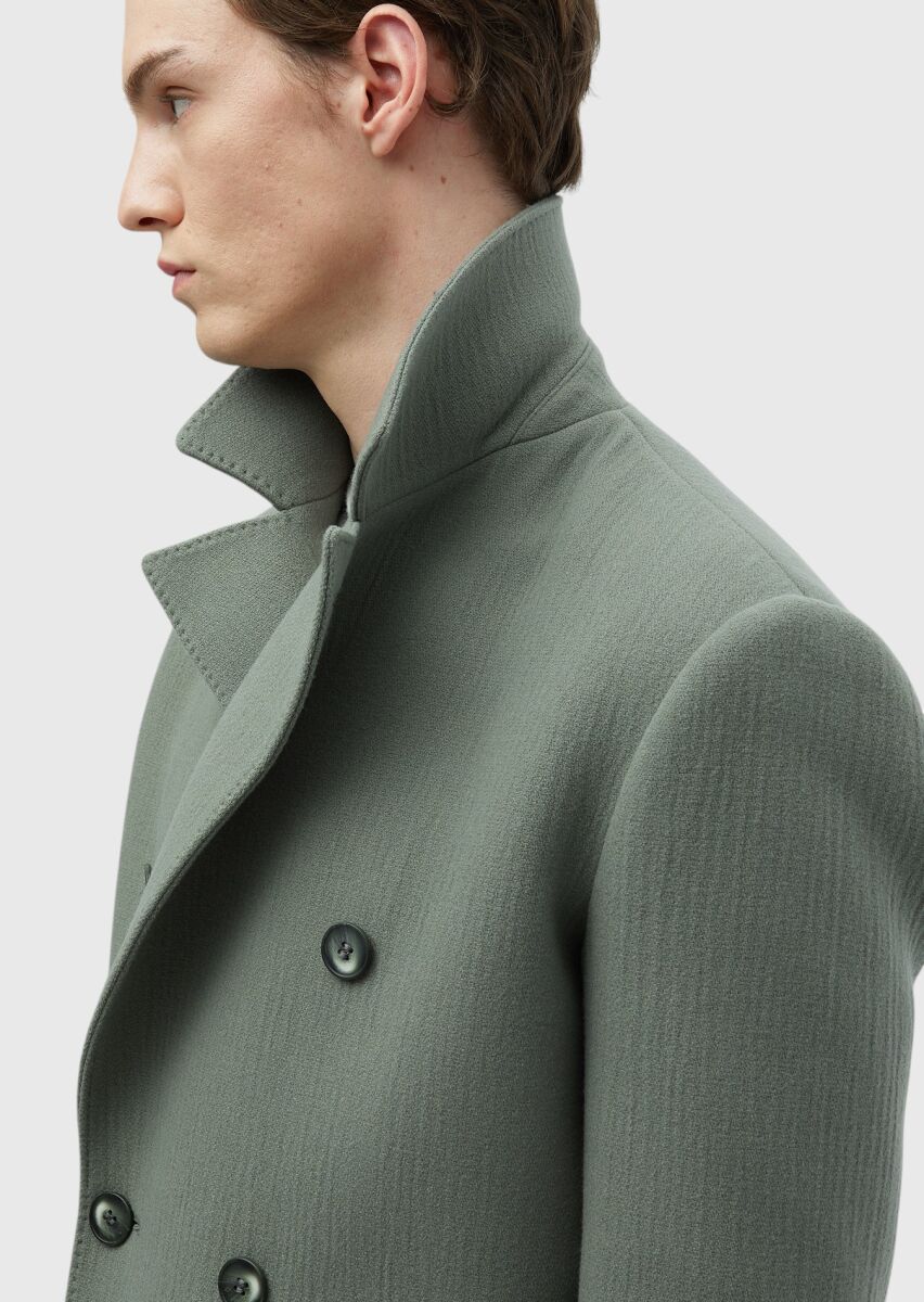 Light Green Regular Fit Double Breasted Collar Casual Weaving Overcoat - 6