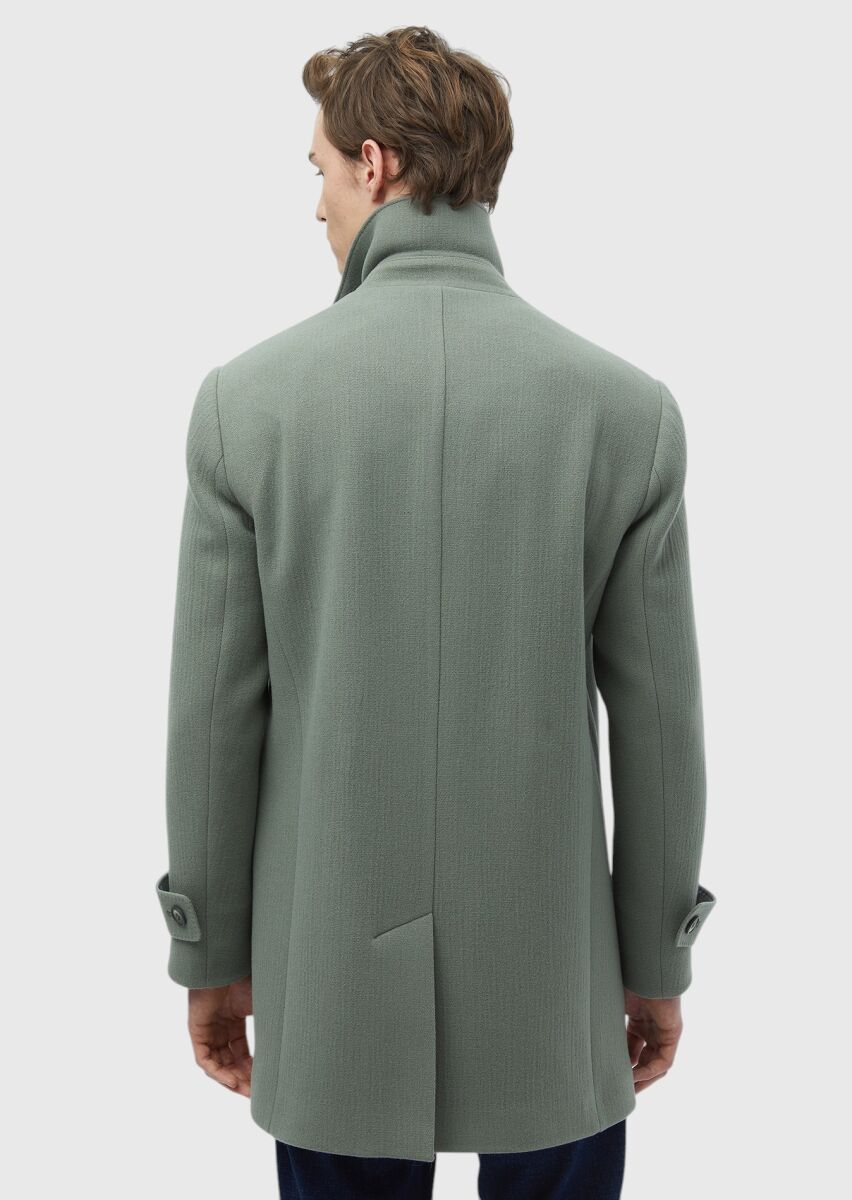Light Green Regular Fit Double Breasted Collar Casual Weaving Overcoat - 7